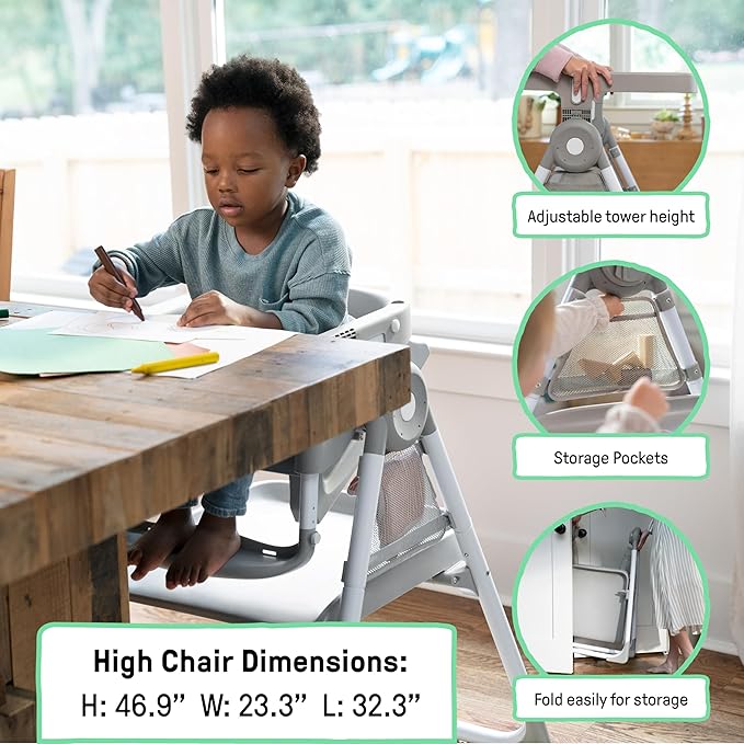 Ingenuity Proper Positioner Create Up Baby High Chair, 9 Modes of Use, Toddler Tower, Table and Chair, Foldable, Adjustable Footrest, 90 Degree Posture Aids Digestion, Ages 0-5 Years - Soulful Skies