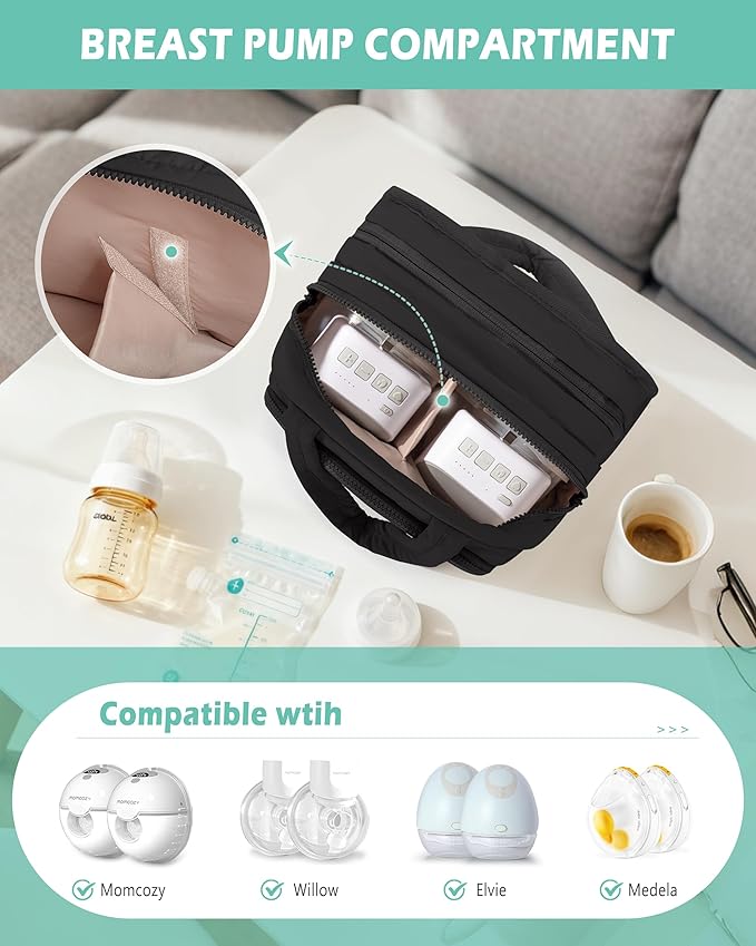 Wearable Breast Pump Bag Compatible with Momcozy and Eufy, Portable Pumping Bag with Cooler Compartment, Breast Pump Carrying Case with Drying Mat for Work, Travel and Family Use, Black