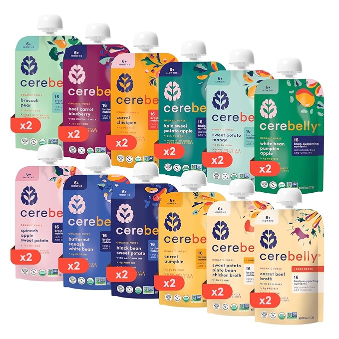 Cerebelly Organic Baby Food Pouches, First Flight Sampler Variety Pack, No Added Sugar & Non-GMO, 4 oz, 24 Count