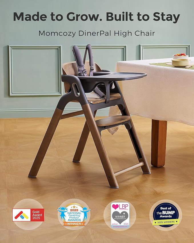 Momcozy High Chair, 5-in-1 Convertible Wooden High Chair with Food-Grade Tray, Baby Set with Removable Harness and Toddler Tower, Highchair for 6 Months to 308 lb, Adjustable & Ergonomic, Walnut