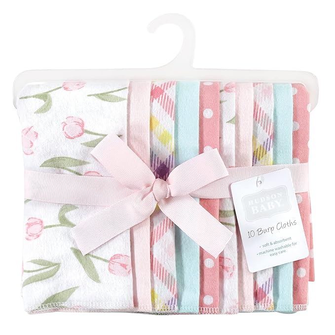 Hudson Baby Unisex Baby Cotton Flannel Burp Cloths, Pink Tulips, One Size
