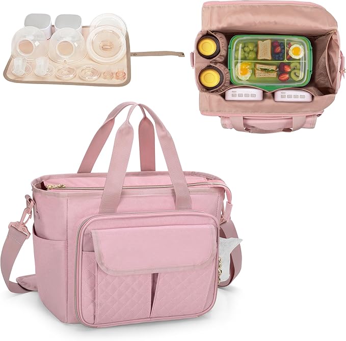 LUXJA Large Wearable Breast Pump Bag with a Waterproof Mat for Wearable Breastfeeding Pump, Carrying Tote Bag with Multiple Pockets for Hands Free Breast Pump and Extra Parts, Pink