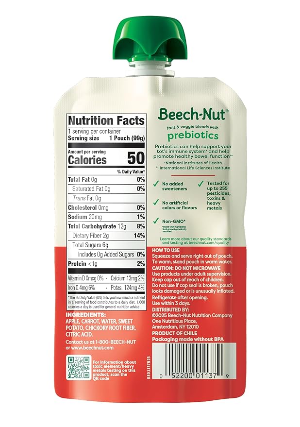 Beech-Nut Baby & Toddler Food Pouches with Prebiotic Fiber, Carrot Apple & Sweet Potato, 3.5 oz (12 Pack)