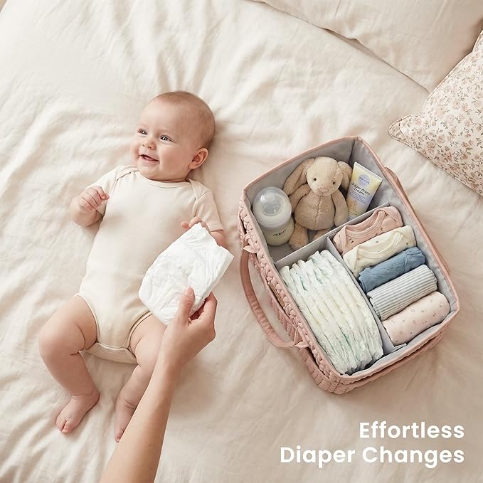 Konssy Braided Quilted Diaper Caddy Organizer, Boho Nursery Storage Basket with PU Leather Handles, Water-Repellent Portable Diaper Basket for Changing Table, Newborn Essentials (Blush)