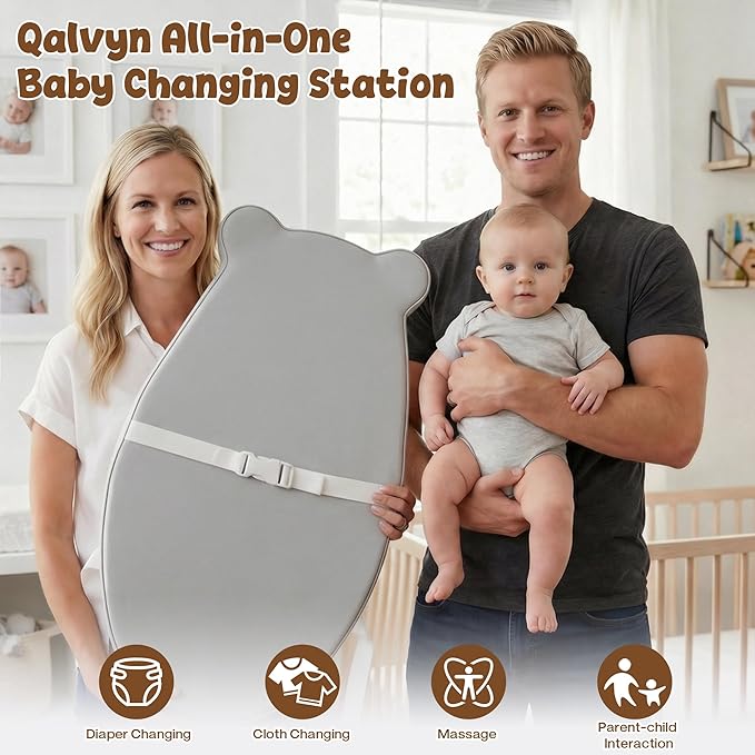 Baby Diaper Changing Pad with Wipeable & Waterproof PU Cover, Contoured Baby Changing Pad for Dresser, Non-Slip Changing Table Pad with Adjustable Strap, Cushioned Contoured Foam Grey