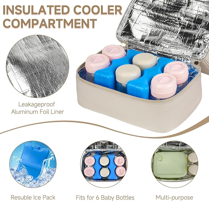 Wearable Pump Bag with Cooler Compartment Fits for Willow/Eufy/Elvie/Momcozy M5/S12 Pro/Medela, Breast Milk Travel Tote Bag with Ice Pack & Waterproof Mat,Apricot