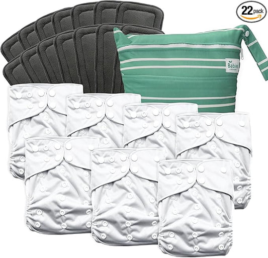 7-Pack Reusable Cloth Diapers with AWJ Interior – Includes 14 Absorbent Inserts and 1 Wet Bag – Adjustable, Waterproof, and Washable (Bright Beginnings, Charcoal Inserts)