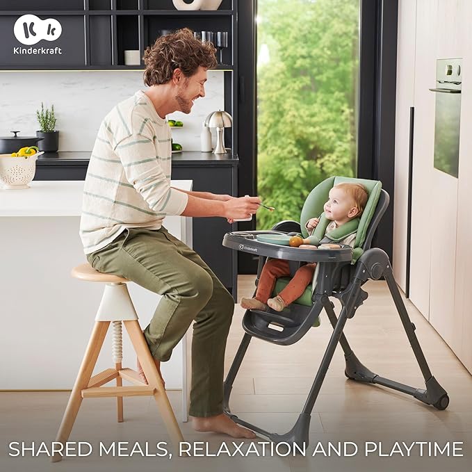 Kinderkraft Tummie, 2-in-1 high Chair, Baby Chair, Ergonomic, Comfortable, Reclining, Foldable, with Ajustable Height, Footrest, Detachable Tray, for Toddler, with Toys, Green