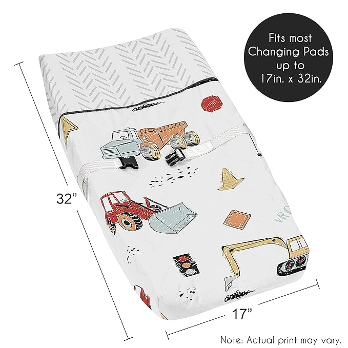 Sweet Jojo Designs Construction Truck Boy Baby Nursery Changing Pad Cover - Grey Yellow Orange Red and Blue Transportation Chevron Arrow
