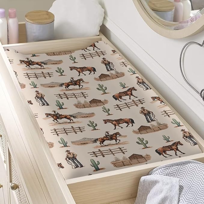 ZDCUSTOM Changing Pad Cover Stretchy Soft Diaper Change Table Sheets Western Cowboy Cactus Changing Table Covers Fits 32"x16" Contoured Pad