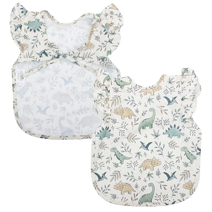 BapronBaby Flutter Foliage Dinos Bapron - No Neck Tie Safer Bib for Baby & Toddler - Soft Waterproof Stain Resistant - Machine Washable - Sz Preschool 3-5yrs