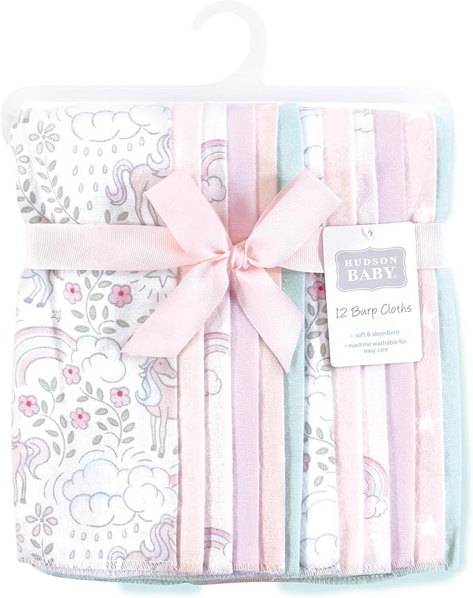 Hudson Baby Unisex Baby Flannel Burp Cloth 12pk, Dreamy Unicorn, One Size