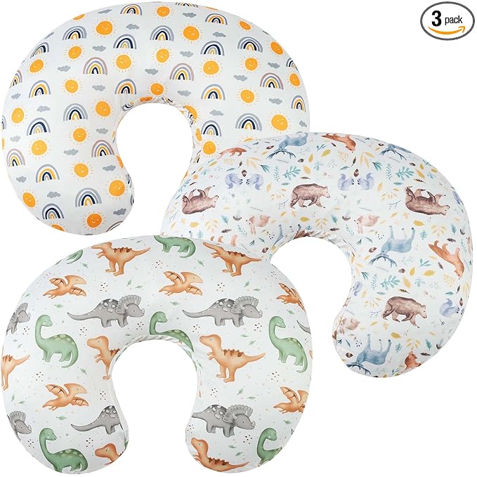 Nursing Pillow Cover Set 3 Pack Nursing Pillow Slipcovers for Moms Breastfeeding Moms, Ultra-Soft Stretchy Fit Standard Nursing Pillows Sun/Forest Deer/Dinosaur