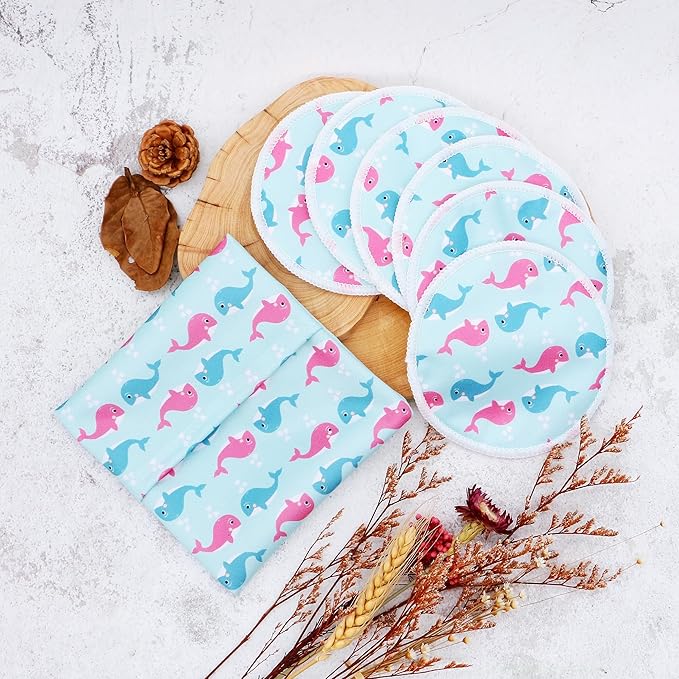 Reusable Nursing Pads with Heart Pattern, White and Black, Washable Breastfeeding Pads with 1 Pouch (6+1dolphin)