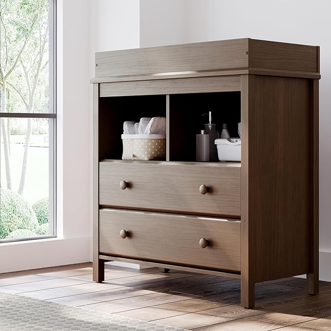Storkcraft Alpine Nursery Changing Table Dresser Combo (Hazelnut) – GREENGUARD Gold Certified, Dresser for Nursery, Changing Table with Drawers, Removable Changing Table Topper
