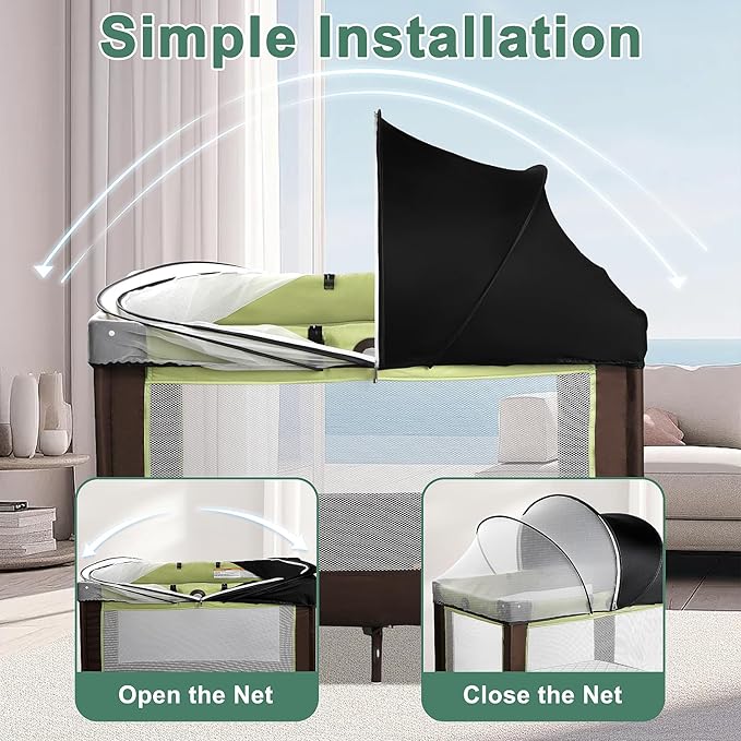 Pack N Play Tent Cover & Bassinet Canopy - Half-Blackout Breathable Mosquito Net with 2-Way Zipper for Bassinet, Travel Crib, Mini Crib & Playpen to Keep Cats Out (Black-Large)
