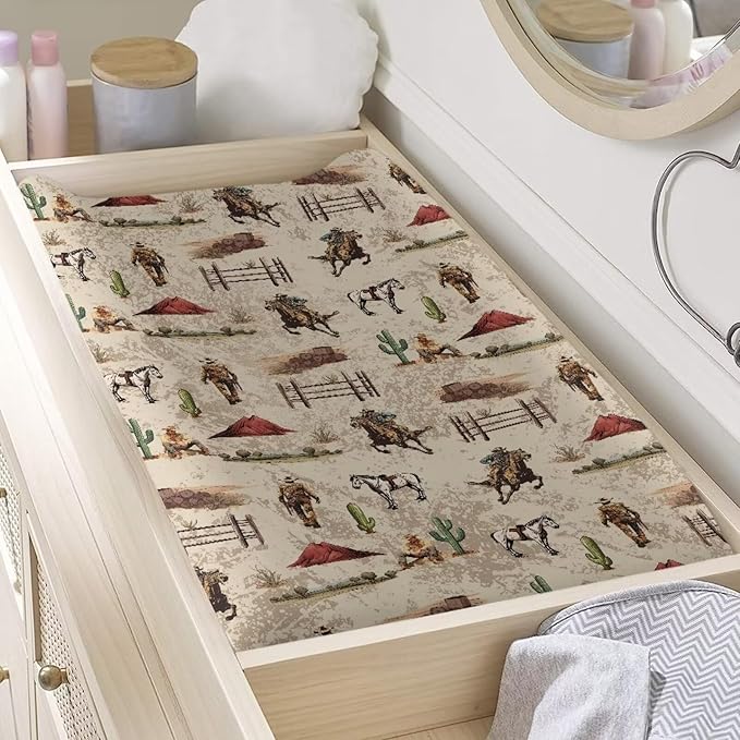 Baby Disper Changing Pad Cover Weatern Cowboy Print Diaper Change Table Sheets Removable & Washable 32"x16" Bassinet Cradle Mattress Sheets for Gilrs Boys