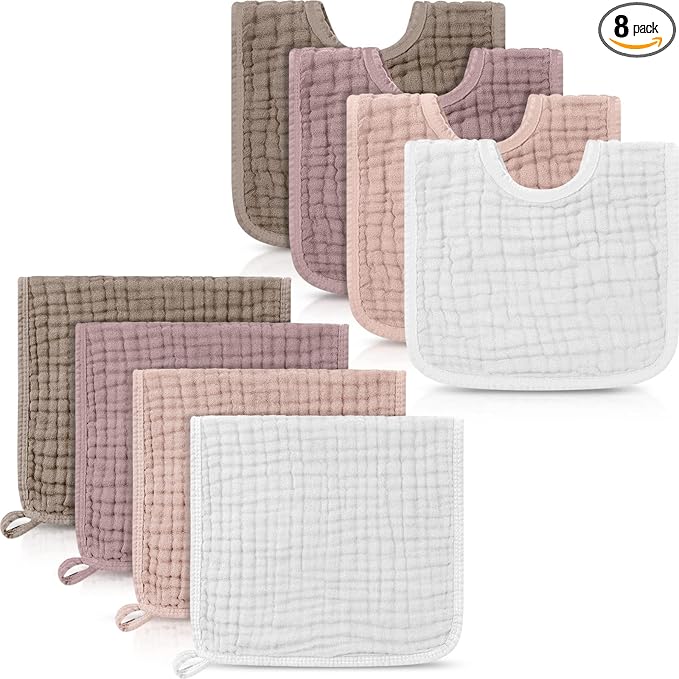 Tallew 8 Pack Muslin Burp Cloths and Baby Bibs for Boy Girl 20" x 10" Cotton Baby Bandana Drool Bibs Muslin Burp Cloths Absorbent Rag for Newborn Toddler Infant Gifts(Elegant Color)