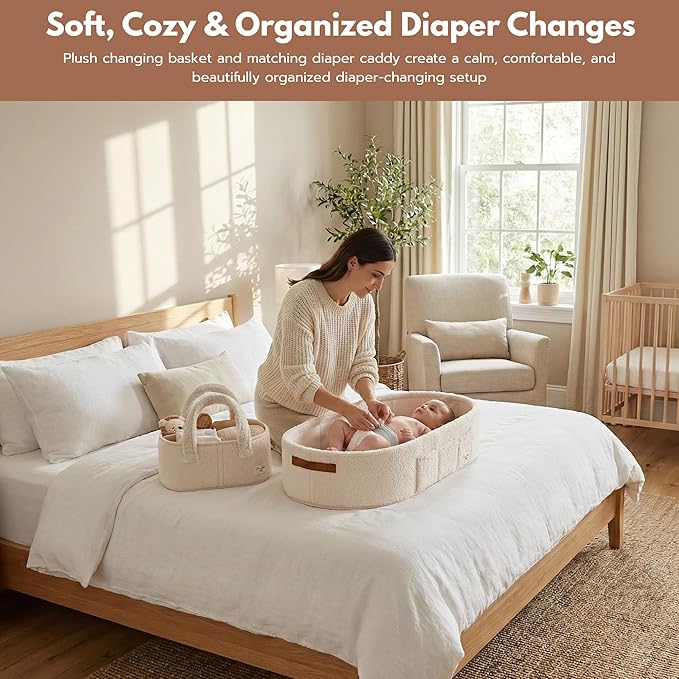 PeraBella Baby Changing Basket for Dresser Top, Baby Moses Basket for Newborn, Portable Diaper Changing Pad Table Topper for Dresser, Includes Diaper Caddy Organizer with Handle, Moses Bassinet Mat | Plush Exterior, Breathable Pad, Waterproof Layer, St...