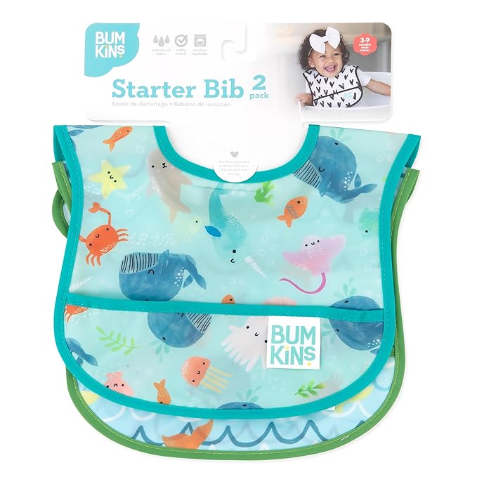 Bumkins Bibs, for Baby Girl or Boy, Infant 3-9 Months, Essential Must Have for Eating, Feeding, Baby Led Weaning Supplies, Mess Saving Waterproof Soft Fabric, Starter Bib 2-pk Blue Ocean Life