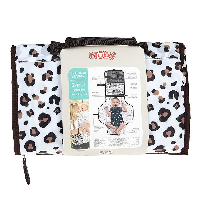 Nuby Portable Baby Changing Pad Station, Quick Wipe Clean Changing Mat with Built-in Pillow, Leopard Print