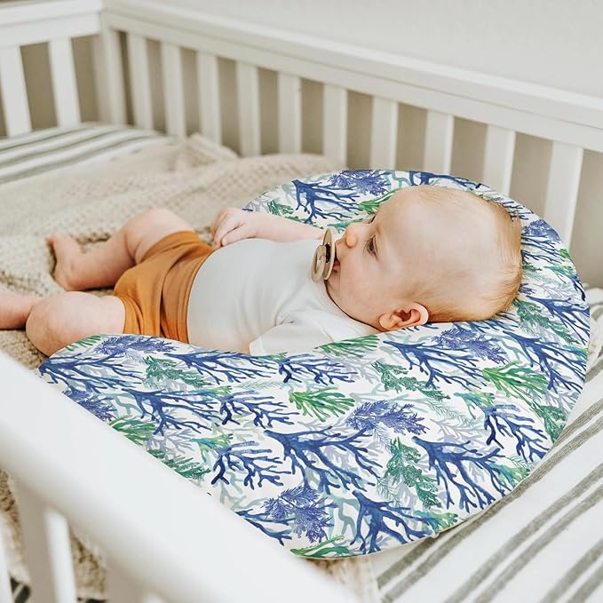 Blue Green Coral Reef Baby Nursing Pillow Covers for Boy Girl Watercolor Coastal Nursery Feeding Pillowcase for Breastfeeding Pillows Nautical Sea Plant Soft Stretchy Covers for Newborn Infant