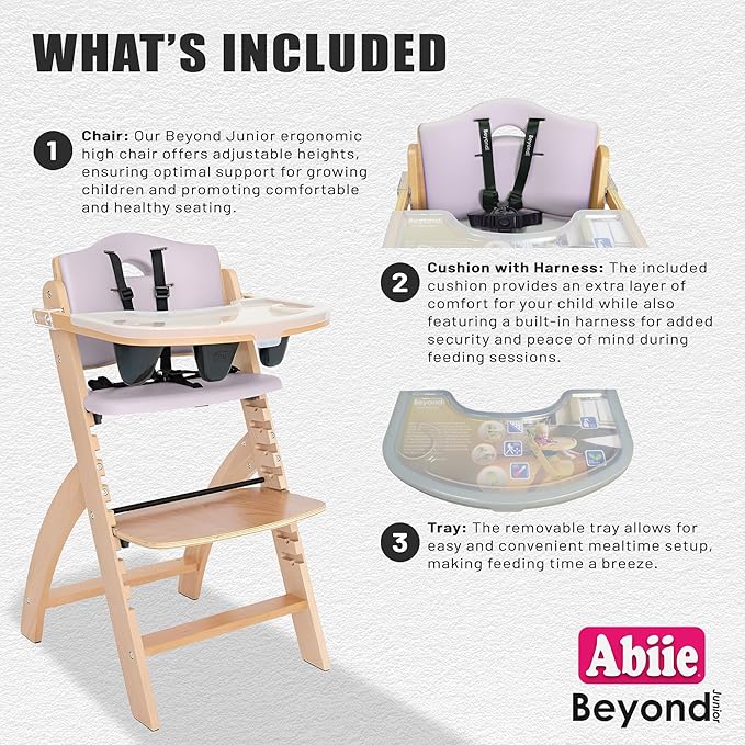 Abiie Beyond Junior Wooden High Chair for Babies and Toddlers - Convertible 3-in-1 Baby Highchair with Removable Tray - 6 Months to 250 Lb - Water Resistant - Natural Wood with Lilac Cushion