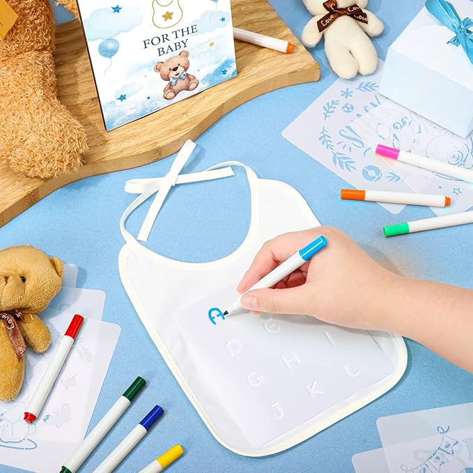 Panitay 100 Pcs DIY Baby Bibs Decorating Kit 50 White Bibs 25 Stencils 24 Markers 1 Baby Shower Game Sign
