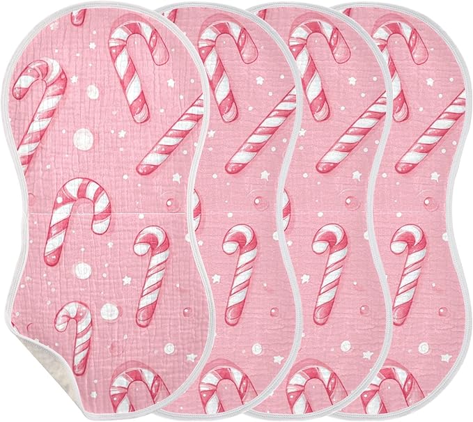 Christmas Pinks Candy Cane Burp Cloths Baby Boys Girls Absorbent Soft Cotton Burping Cloths Rags, 4 Pack
