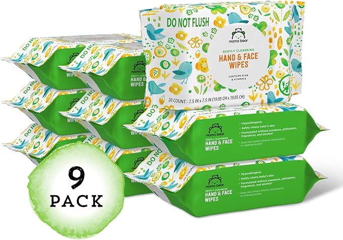 Amazon Brand - Mama Bear Baby Hand & Face Wipes, Unscented, Fragrance Free, Cleansing, Formulated without Parabens and Phthalates, 180 Count (9 Packs of 20)