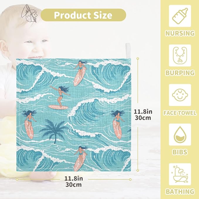 vvfelixl Baby Muslin Washcloths Summer Girl Surfing Baby Burp Cloths Cotton Babys Face Towel for Newborn Infants Boys Girls Soft and Absorbent 11.8 X 11.8 in, 3 Pack