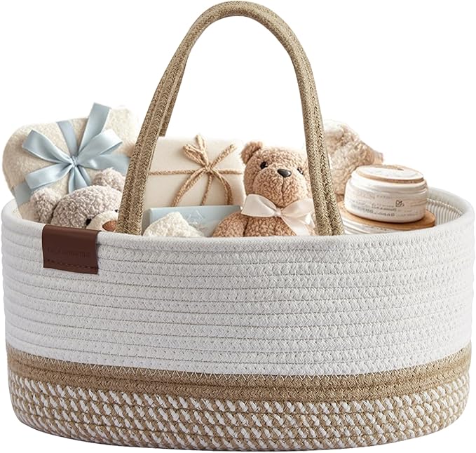 DECOMOMO Baby Caddy Organizer, Mother's Day Diaper Caddy Basket, Baby Baskets for Baby Shower (Spiral Beige & White, Large)