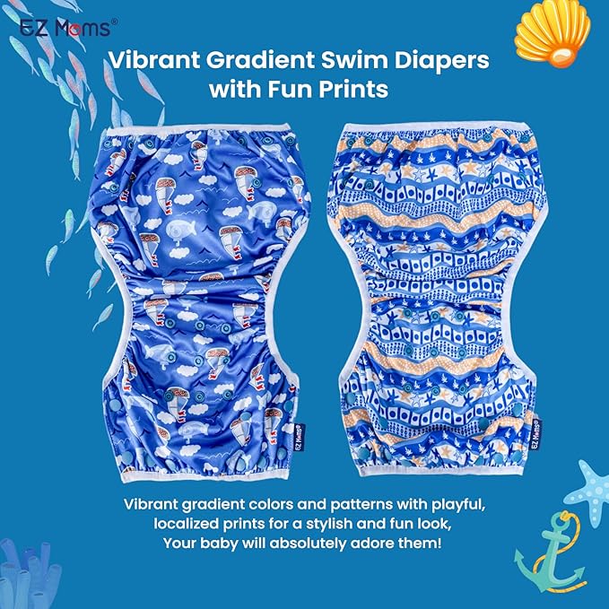 EZ Moms Baby Swim Diapers Reusable 2Pcs Snap One Size Adjustable Washable Newborn Infant Swim Diaper with a Shammy Towel for Baby Boy Water Diaper Waterproof Swimming Diapers for Swimming Lessons