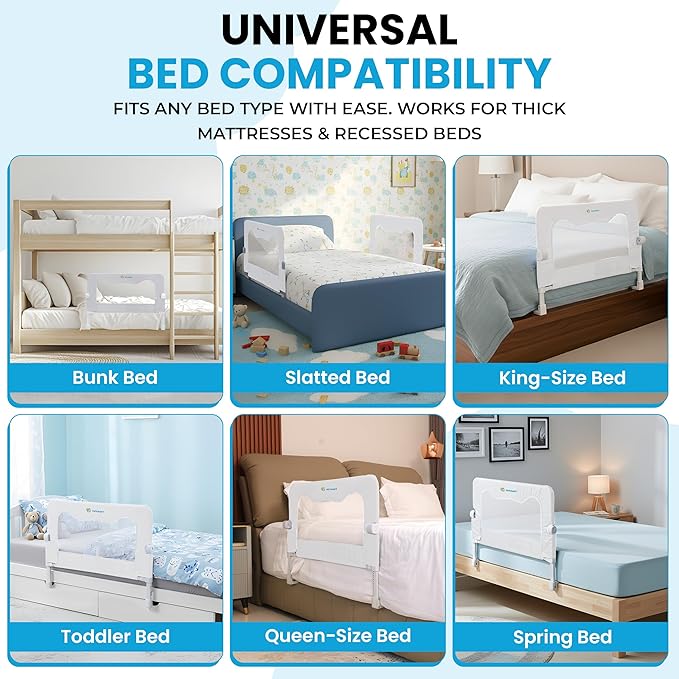 TotCraft FlexGuard Adjustable Length & Height Bed Rail for Toddlers – Fits Twin, Full, Queen & King Beds – 35.5″ or 59″ Two Fixed Lengths – 14 Height Levels –Bed Guard Rail for Toddlers (White)