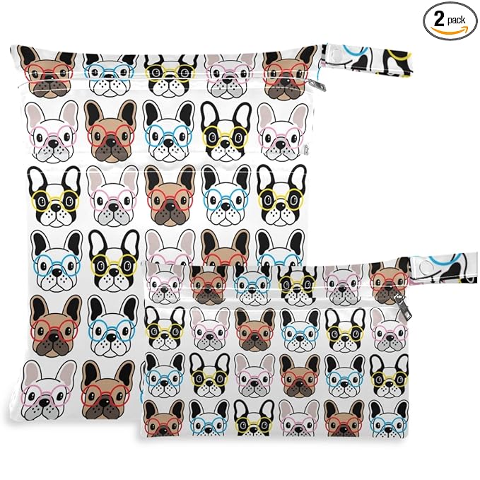 visesunny French Bulldog 2Pcs Wet Bag with Zippered Pockets Washable Reusable Roomy for Travel,Beach,Pool,Daycare,Stroller,Diapers,Dirty Gym Clothes, Wet Swimsuits, Toiletries