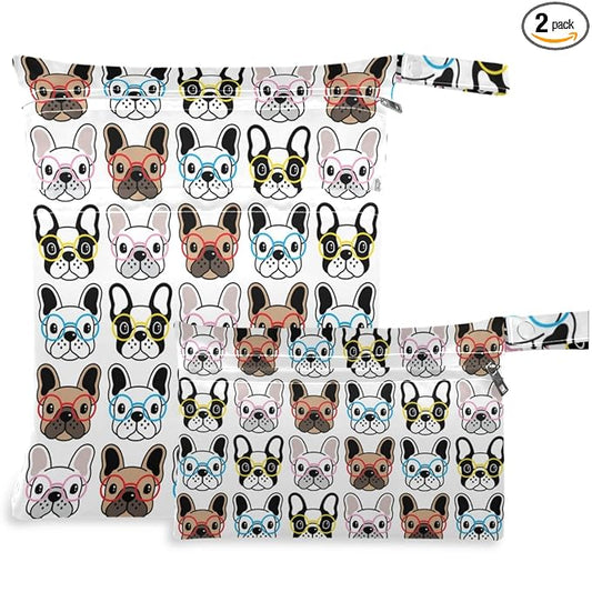 visesunny French Bulldog 2Pcs Wet Bag with Zippered Pockets Washable Reusable Roomy for Travel,Beach,Pool,Daycare,Stroller,Diapers,Dirty Gym Clothes, Wet Swimsuits, Toiletries