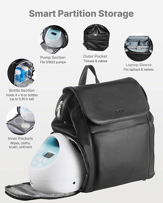 VEVOR Breast Pump Backpack, Breast Feeding Bag with Ice Pack, Compatible with Spectra S1 & S2, Portable Pump Carrying Case for Pump & Breastmilk Storage, Work, Travel, Daycare and Family Use, Black