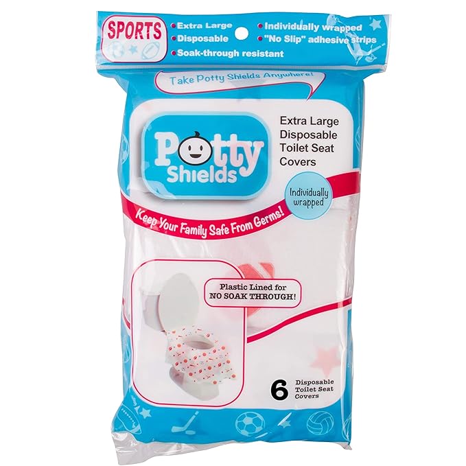 Potty Shields Toilet Seat Covers Disposable (6 Pack, Sports) - XL Waterproof Toilet Cover for Toddlers, Kids & Adults - Portable & Individually Wrapped for Travel, Potty Training & Public Restrooms