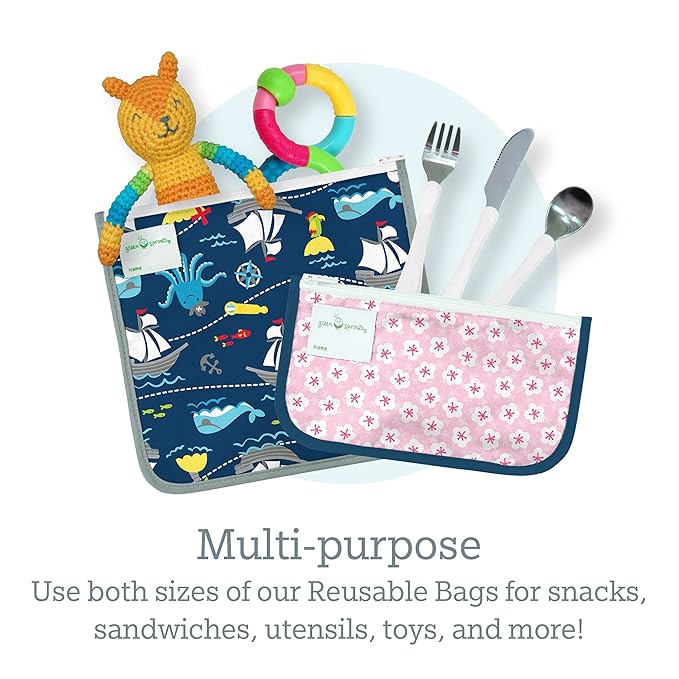 Green Sprouts Reusable Snack Bags (2 Pack) Holds Food, Utensils, Wipes, & More Food-Safe, Waterproof, Easy-Clean Material