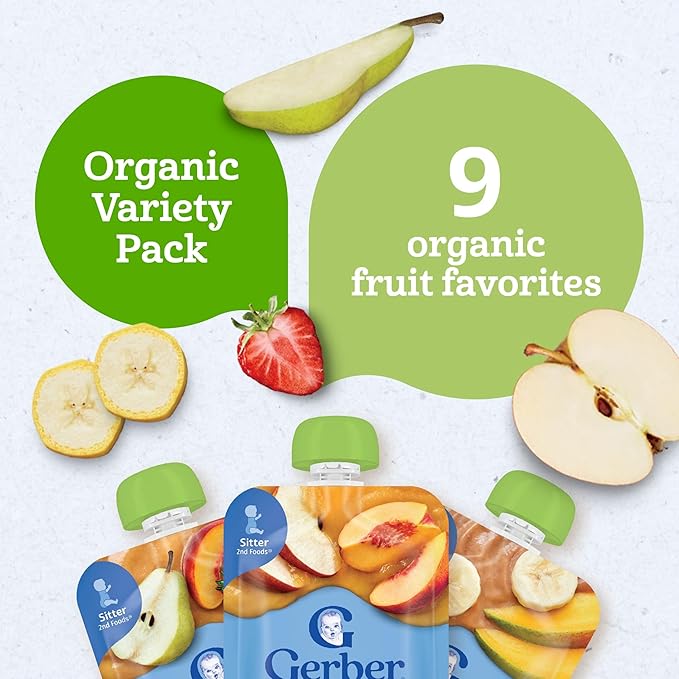 Gerber Stage 2 Baby Food, Organic Fruit Favorites Puree Pouches Variety Pack, No Added Sweetener, Baby Food Pouches, 9-Pack