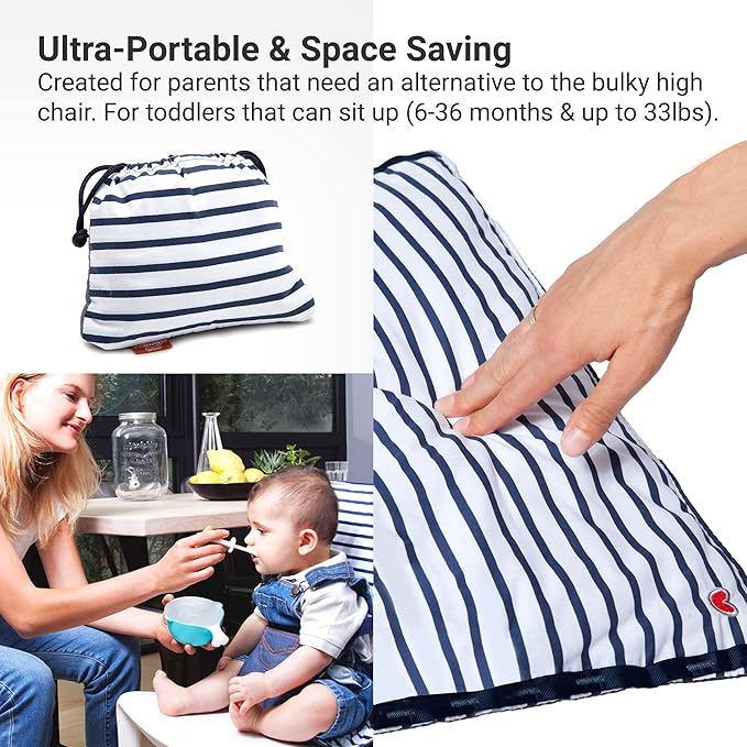 BabyToLove Pocket Seat | Compact Portable High Chair for Travel, Dining & More | Secure & Washable Toddler Seat with Harness | Fits Most Chairs | Lightweight Foldable | Denim