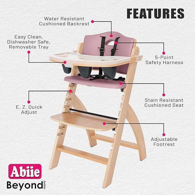 Abiie Beyond Junior Wooden High Chair for Babies and Toddlers - Convertible 3-in-1 Baby Highchair with Removable Tray - 6 Months to 250 Lb - Water Resistant - Natural Wood with Dusty Pink Cushion