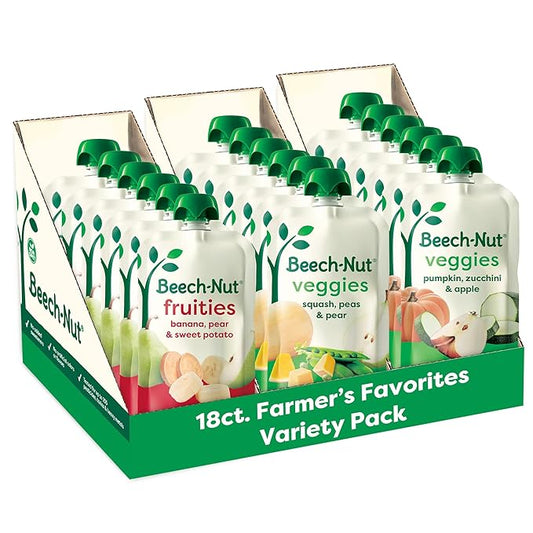 Beech-Nut Baby Food Pouches Variety Pack, NEW Farmer's Favorites Fruit & Veggie Purees Variety Pack, 3.5 oz (18 Pack)