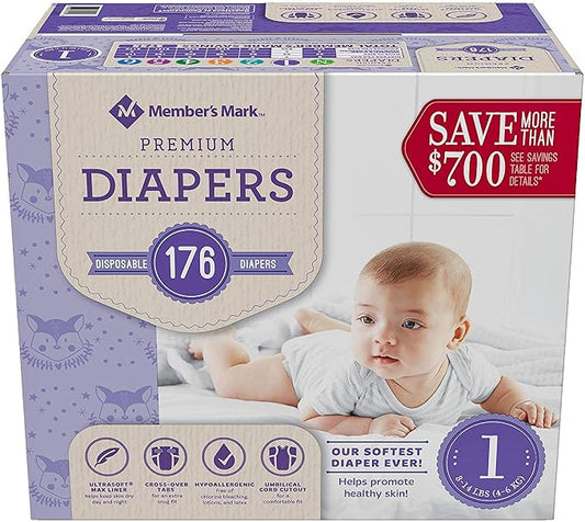 Member's Mark Premium Baby Diapers, Size 1 (8-14 Pounds), 176 Count