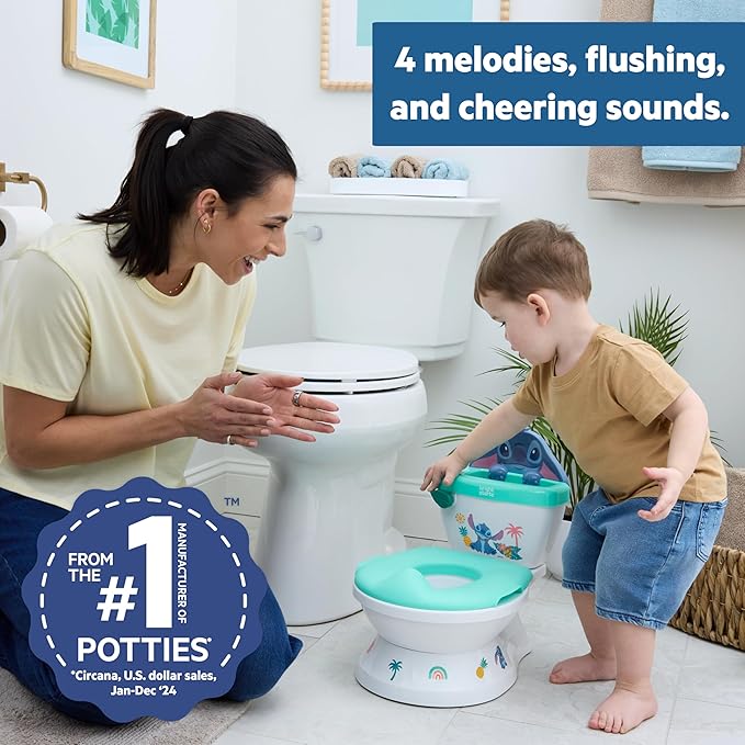Bright Starts Disney Junior Stitch My Size Potty Training Toilet, Toddler Potty Chair with Flushing & Cheering Sounds, Removable Seat with Splash Guard & Handles, Ages 18+ Months, Up to 50 lbs