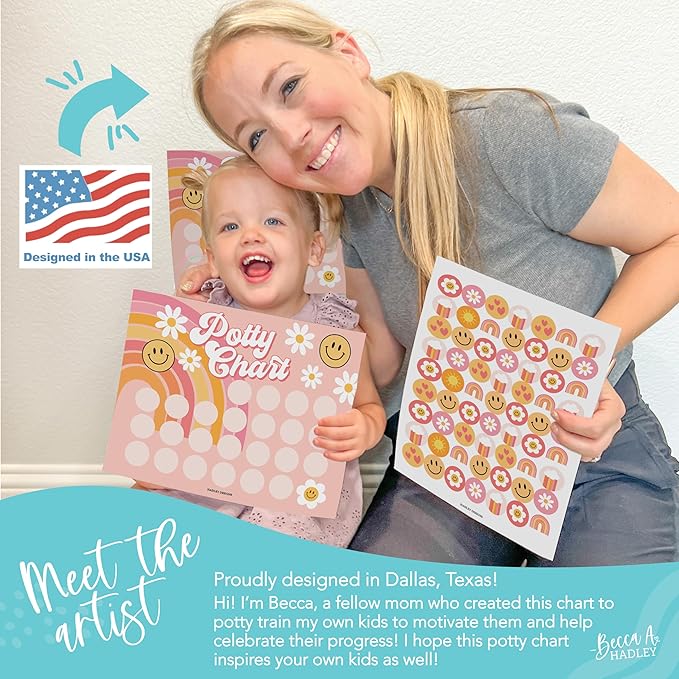 Hadley Designs Potty Training Chart for Toddlers Girls -10 Sticker Potty Chart for Toddlers Girls, 8.5x11" Potty Training Sticker Charts for Toilet Success, Retro Toddler Reward Chart for Kids
