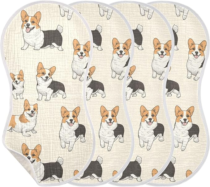 Cute Corgis Dogs Burp Cloths Baby Boys Girls Absorbent Soft Cotton Burping Cloths Rags 4 Pack