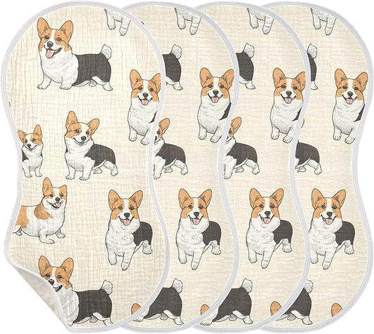 Cute Corgis Dogs Burp Cloths Baby Boys Girls Absorbent Soft Cotton Burping Cloths Rags 4 Pack