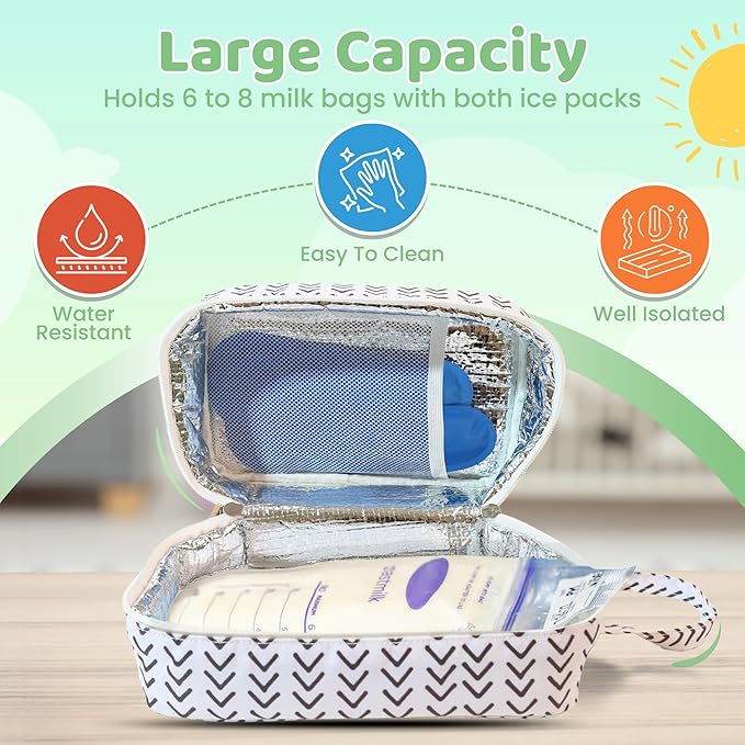 Breastmilk Cooler Bag with Ice Packs – Insulated Travel Bag for Breast Milk Storage – Keeps Milk Cold up to 8 Hours – Portable for Nursing Moms, Daycare, Work, and Travel with Detachable Wrist Strap