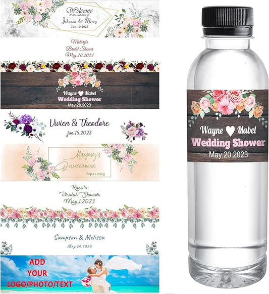 Personalized Water Bottle Labels for Wedding Custom Wedding Labels with Name for Water Bottle Stickers Waterproof Printable Photo Bottle Labels Bridal Shower Gifts 50 Pcs